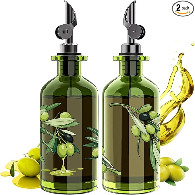 COOLMI Olive Oil Dispenser Bottle Set of 2-12oz Glass Oil & Vinegar Cruet for Kitchen - Leakproof Stainless Steel Pourers, Funnel & Labels - Extra Thick Decanter Container