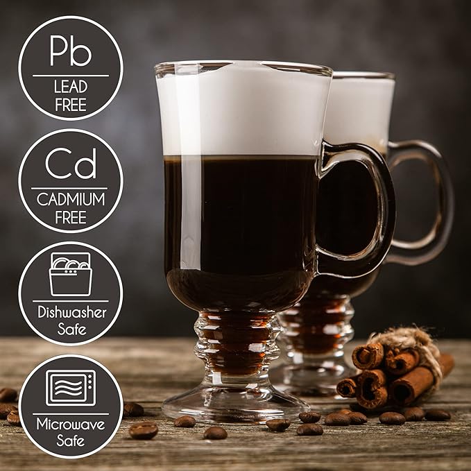 Volarium Irish Coffee Glass Mugs, Latte Cups, Set of 2 Cappuccino and Hot Chocolate Mugs with Handle, Clear Glass Cups for Hot Beverages, 7 3/4 oz