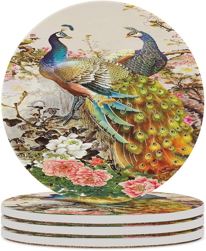 Peacock Drink Coasters, Round Ceramic Drink Coaster Round-4PCS, Vintage Tree Branch Beautiful Plant Floral Gold Peacock Decor Absorbent Ceramic Coasters for Beverage Cup, Bar, Coffee Table