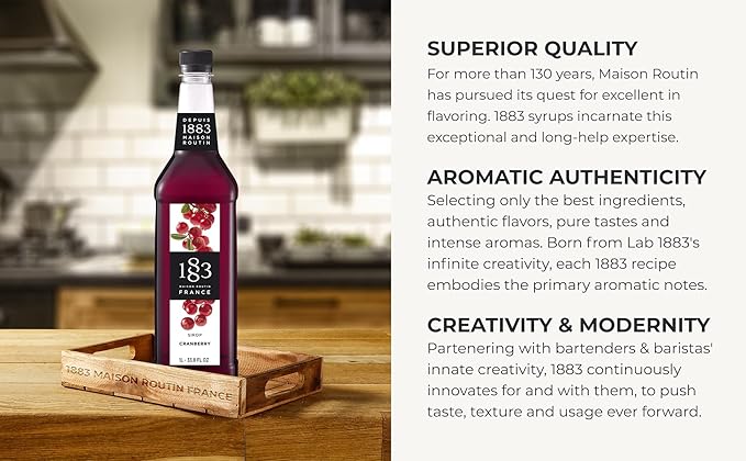1883 Cranberry Syrup for Drinks, Made in France, 1 Liter Plastic Bottle
