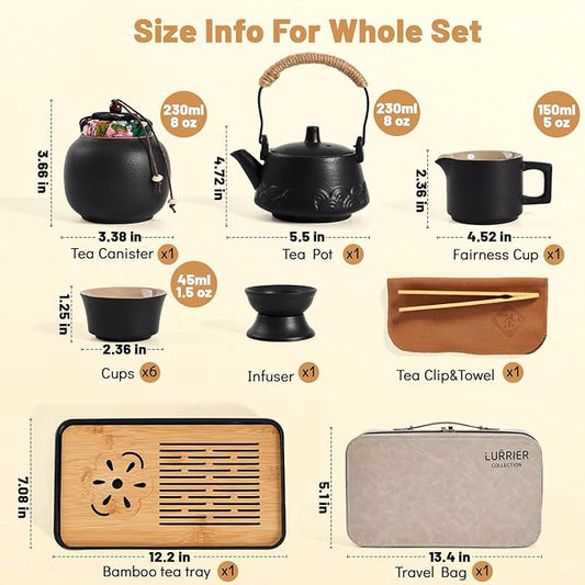 LURRIER Gongfu tea sets, Portable Ceramic TeaSet, Asian Tea sets for adult, Tea Gift sets, Grey leather case, Portable Travel Bag,Home,Gifting,Outdoor and Office(Black)