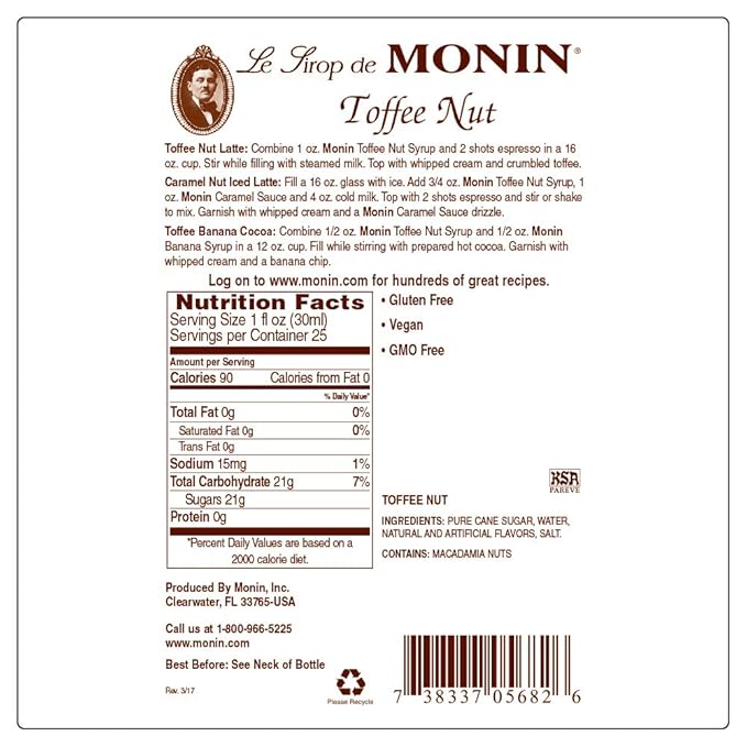 Monin - Toffee Nut Syrup, Bold and Buttery, Great for Coffee and Desserts, Gluten-Free, Non-GMO (1 Liter)