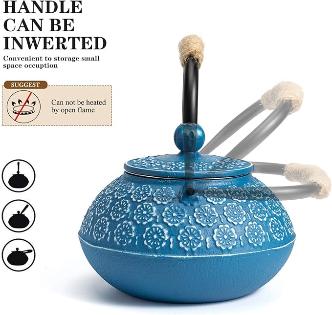 Sotya Cast Iron Teapot, 30oz/900ml Japanese Tetsubin Tea Pot with Infuser for Loose Leaf and Tea Bags, Tea Kettle Coated with Enameled Interior for Stove Top, Dark Blue