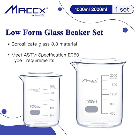 Sturdy Glass Beakers, 2 Sizes of 1000ml 2000ml,3.3 Borosilicate Griffin Low Form with Printed Graduation, BKLS06-002