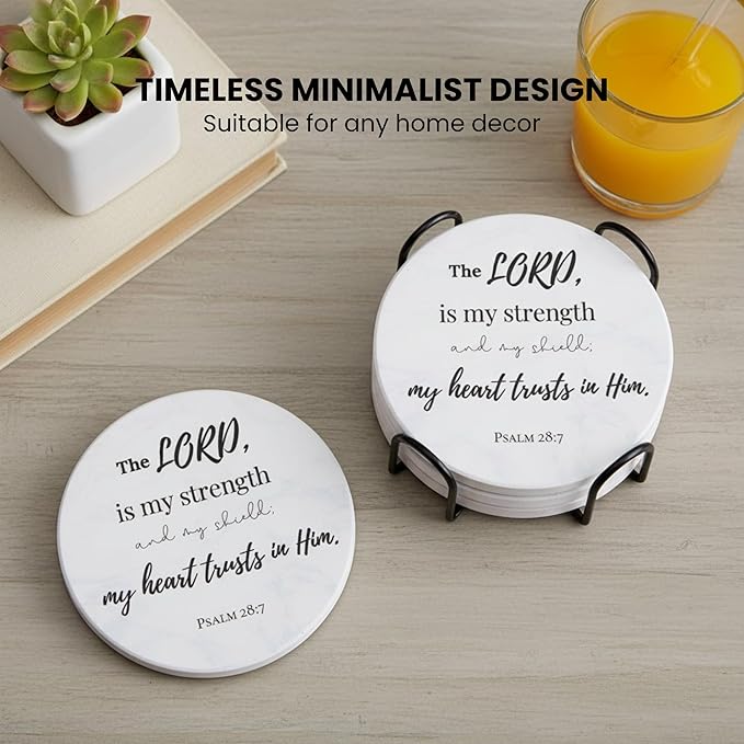 Christian Coasters Set of 6 with Holder– Ceramic Absorbent Drink Coasters for Coffee Table Desk, Modern Cute Moisture Absorbing Coasters, Christian Gifts Alternative to Cork, Silicone or Glass Coaster