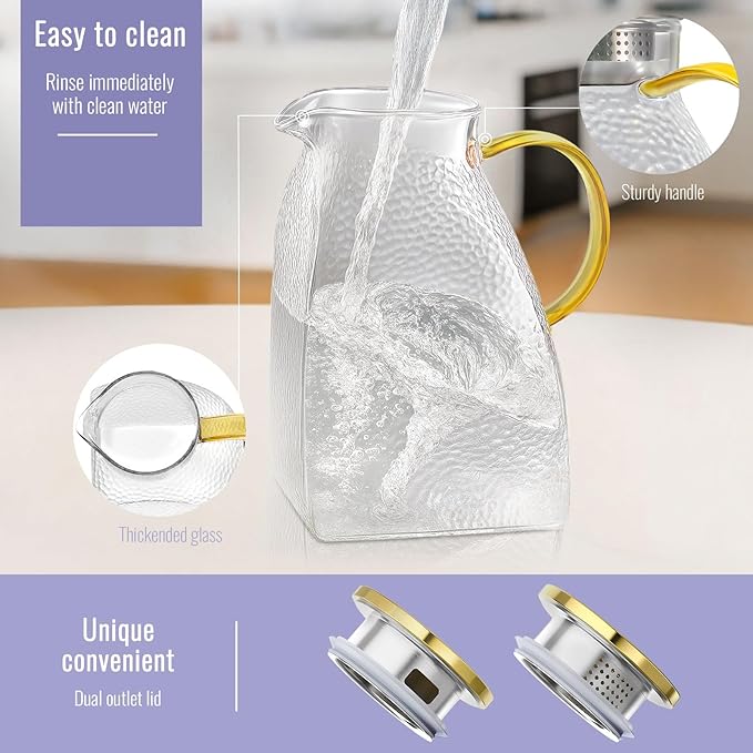 2 Pack Glass Pitcher With Handle And Lid, Large 2 Liter Glass Water Pitcher For Fridge, 68oz glass Tea pitcher Hot And Cold Iced Juice Coffee Milk, Jug Carafe For Beverages Drink