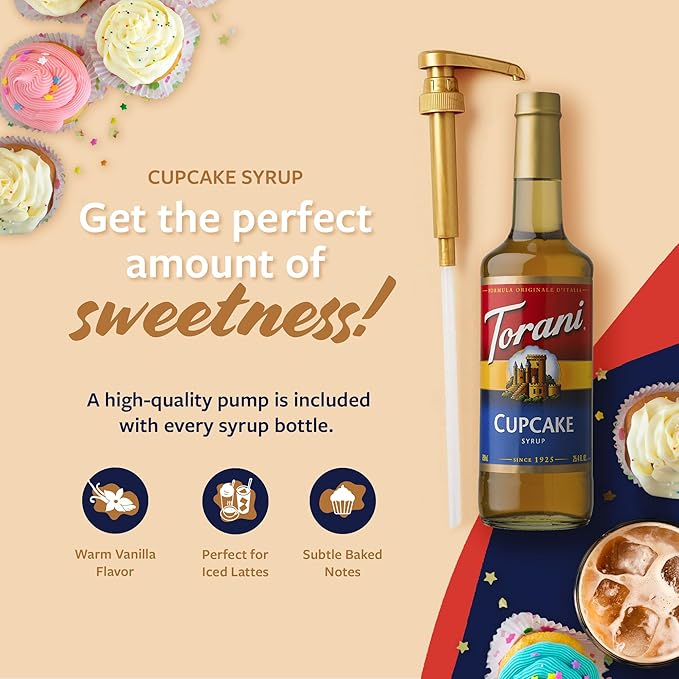 Torani Coffee Syrup, Cupcake Flavoring for Drinks, Glass Bottle with Pump Included, 25.4 Fl Oz