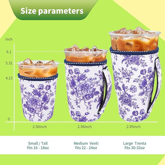 3 Pack Iced Coffee sleeve Insulated Neoprene Cup Sleeves with handle For Cold Drinks Beverages, Reusable Cup Holder for 16oz-32oz Coffee Cups (Floral Porcelain)