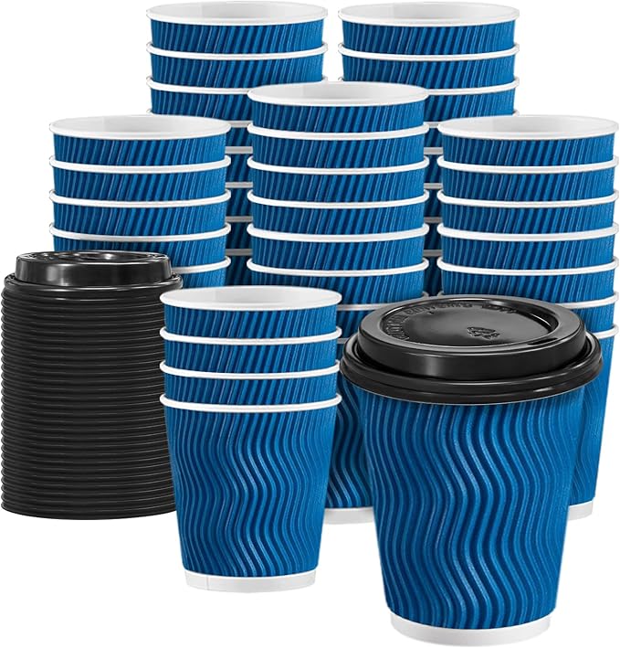 Clawsoff 100 Pack Coffee Cups with Lids 8 oz, Disposable Insulated Ripple Wall To Go Paper Coffee Cups for Hot/Cold Drinks Office Home Shop Event (Navy)