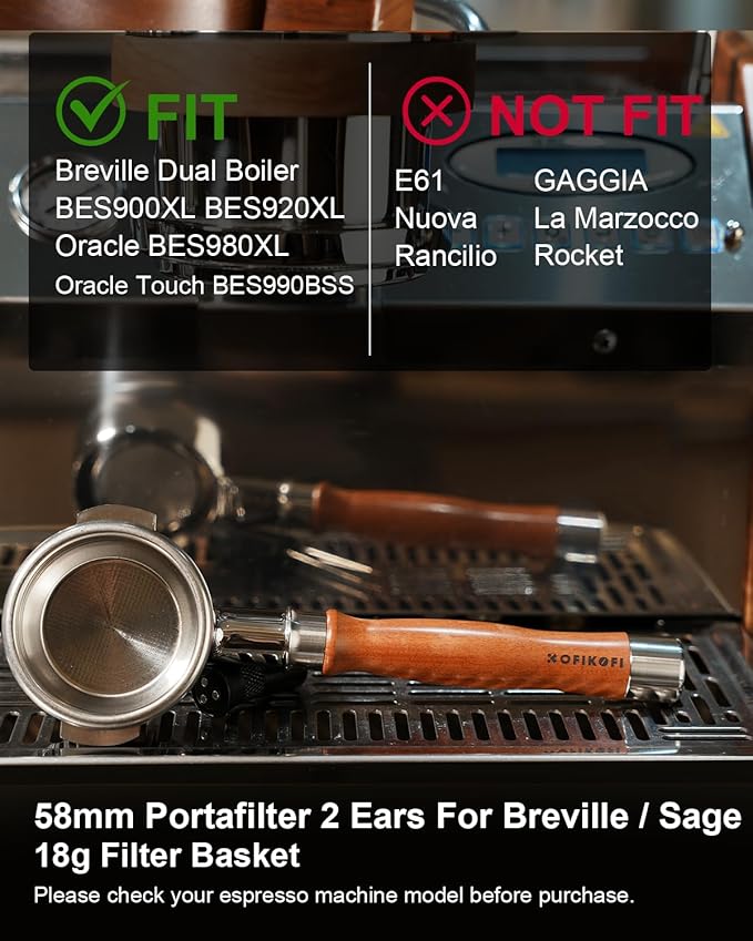 Bottomless Portafilter 58mm Fit Breville, 2 Ears Slim Naked Portafilter Fits Breville Espresso Machines BES900XL, BES920XL, BES980XL, BES990BSS with 18g Double Shot Filter Basket, Puck Screen-Rosewood