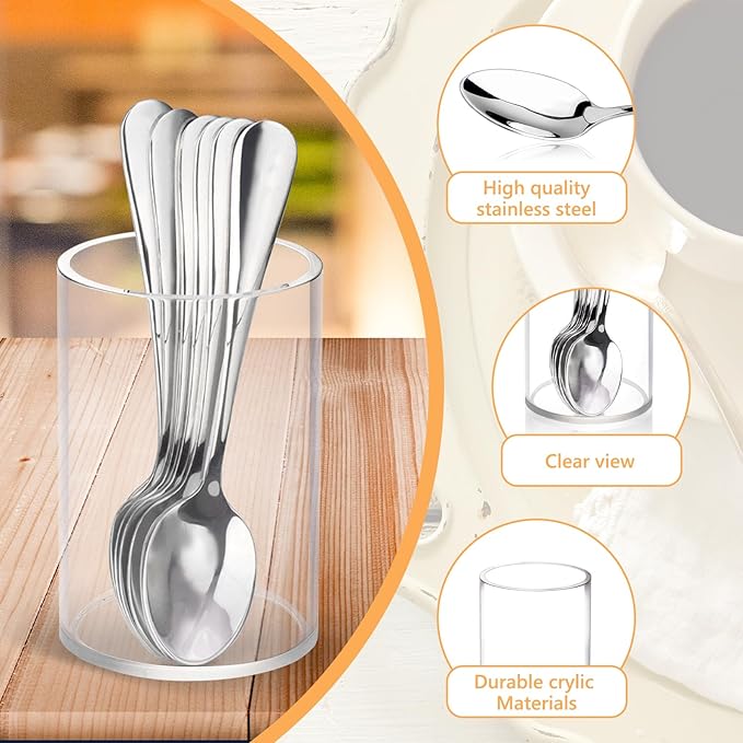 6 Pcs Mini Coffee Spoons with Holder 4.7 inch Demitasse Espresso Stainless Steel Spoons Silver with Acrylic Cylinder Holder for Coffee Bar Home Tea Party (6)