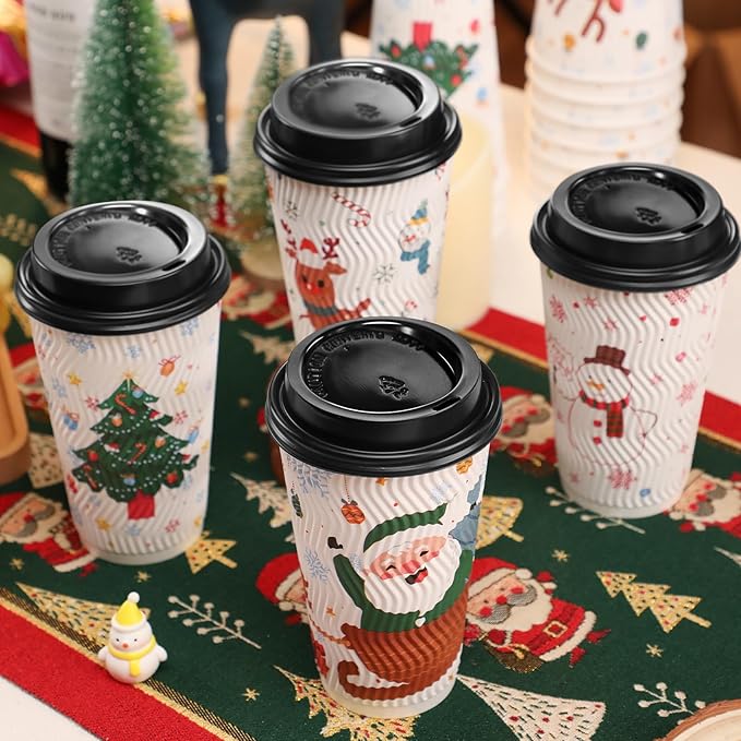 BYSNOW 100 Count Christmas Paper Cups, Xmas 16 oz DisposableCoffee Cups Snowflake Santa Snowman Elk Christmas(16oz 100Count)