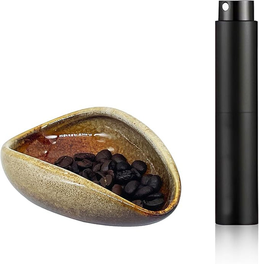 Coffee Bean Dosing Cup with RDT Spray Bottle Set, Coffee Bean Dosing Cup, Ceramic Coffee Dosing Cup, Ceramic Single Dose Measuring Tray for Coffee Beans, Coffee Bar Accessories (brown)