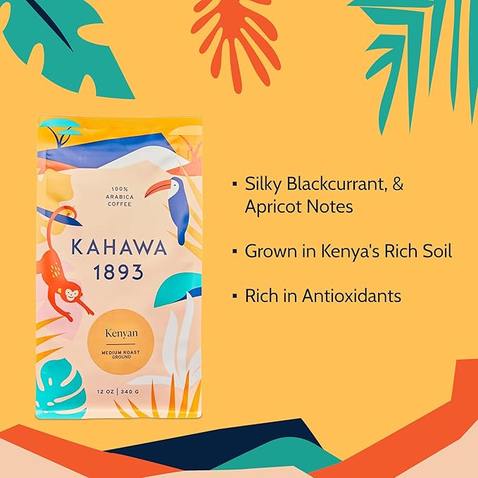 Kahawa 1893 Ground Coffee Medium Roast Kenyan Blend 12 Oz - As Seen on Shark Tank, High Antioxidants, Naturally Sweet, Organically Grown, Ethically & Sustainably Sourced