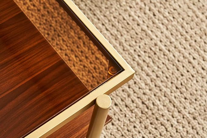 Shrine Rectangle Coffee Table, Mid-Century Modern Design, Two-Tier Walnut MDF Table, 39.4" D x 21.6" W x 17.3" H, Sleek Conical Metal Legs with Gold Finish
