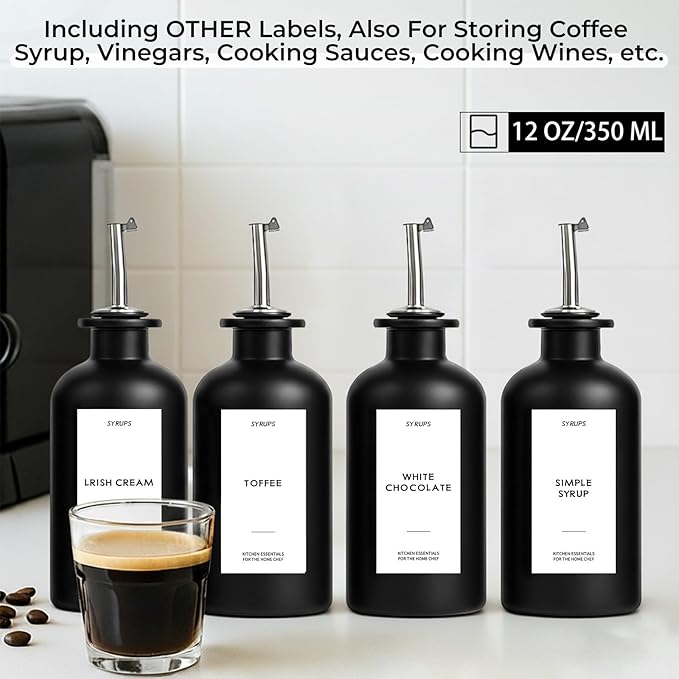4PCS Olive Oil Dispenser Bottle For Kitchen, Soy Sauce Dispenser w. Labels, Glass Oil and Vinegar Dispenser Set, Coffee Syrup Dispenser，Cooking Oil Dispenser (Black,12OZ)