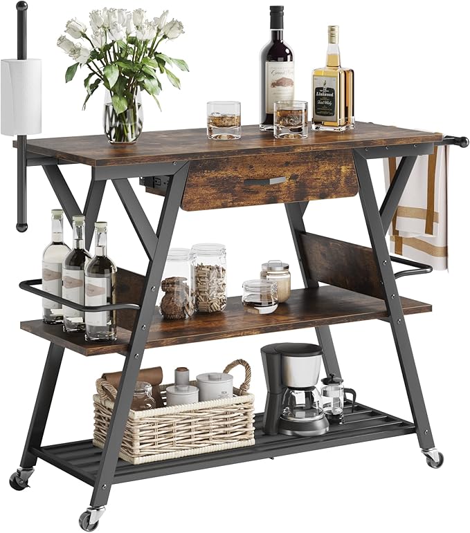 Bestier Coffee Cart Station, 48" W Coffee Bar Cart with Storage Drawer, Mobile Kitchen Island on Lockable Wheels, Coffee Bar Table with Paper & Towel Holder for Dinning Room Living Room, Rustic Brown