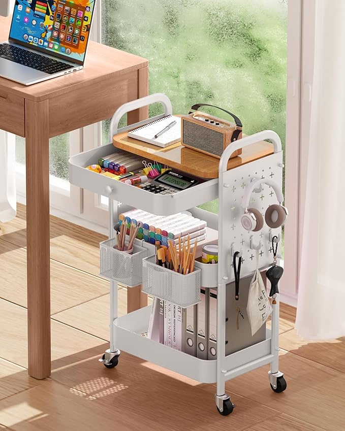 ALVOROG Rolling Cart with Drawer and Wood Table Top, 3 Tier Metal Rolling Utility Cart on Wheels with DIY Pegboards, Hanging Baskets, Hooks for Kitchen, Bedroom, Office, Craft Supplies