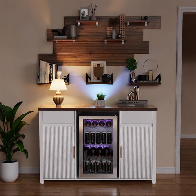GDLF Large Coffee Bar Cabinet with Fridge Space, Mini Fridge Cabinet with Wine Storage, Buffet Sideboard Table for Home, Fluted Modern Design,53.2" L，White