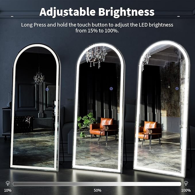 VooBang 71"x30" LED Large Mirror Full Length - Arched Floor Body Mirror with Dimmable Lights - 3 Color Modes, Standing Leaning Wall Mounted for Bedroom, Dressing Room