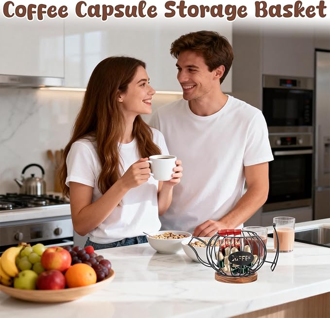 Coffee Pod Organizer for Countertop, Coffee Bar Accessories with Wooden Base, Round Basket Decor for Kitchen Countertop for Pods and Espresso Capsules