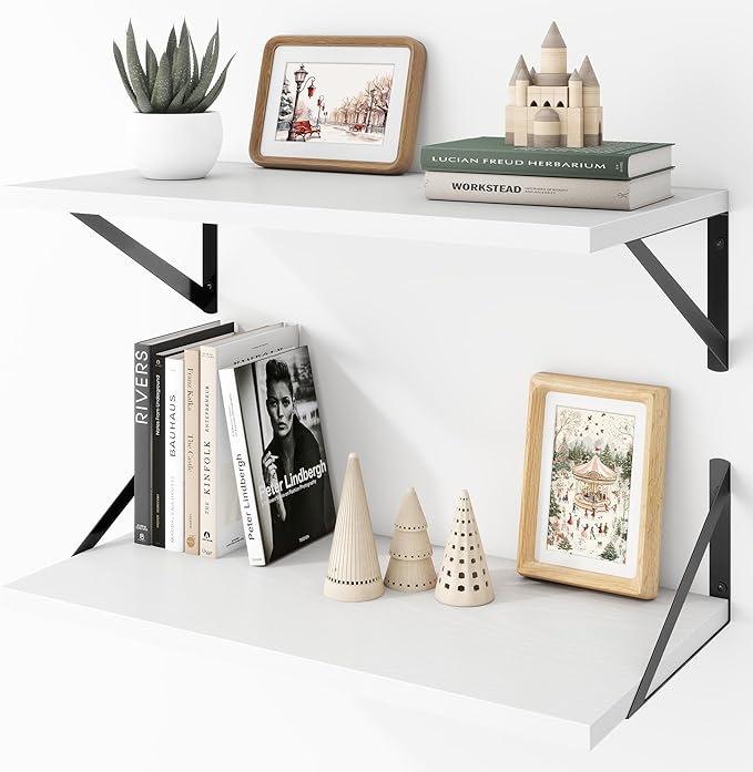 Deep Floating Shelves Wall Mounted, 24"x12" White Wall Shelves with Brackets Set of 2 for Bedroom, Living Room, Bathroom, Kitchen, Office - Storage & Display Shelf for Decor, Books, Plants
