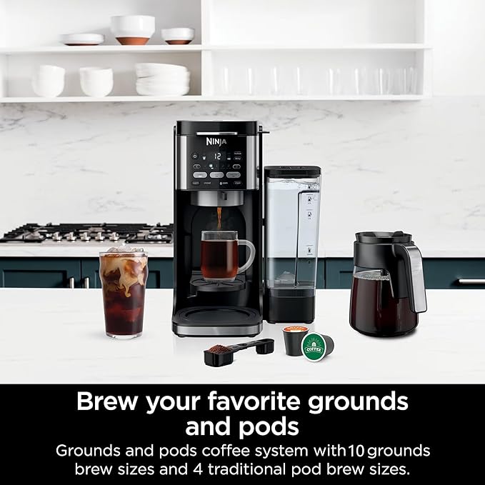 Ninja DualBrew Pro Hot & Iced Coffee Drip Coffee Maker | Compatible with K-Cup Pods | 3 Brew Styles (Classic, Rich, & Iced) | 70oz Removable Reservoir & Dishwasher Safe | Black | 14-Cup (Renewed)