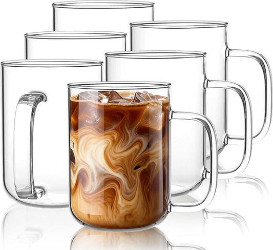 Glass Coffee Mugs, 20 oz Ice Coffee Cups Set of 6, Large Clear Tea Cups, Glass Mugs with Handles for Hot Beverages, Glass Cups for Latte, Cappuccino, and Tea
