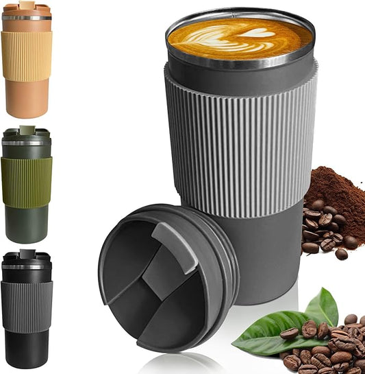 YINBAOGE Upgraded Insulated Travel Coffee Mug, Spill Proof & Leak Proof, Portable Camping Stainless Steel Tumbler, Reusable Thermal Coffee Cup with Lid for Hot & Cold Drinks(4th-Gray, 15OZ)