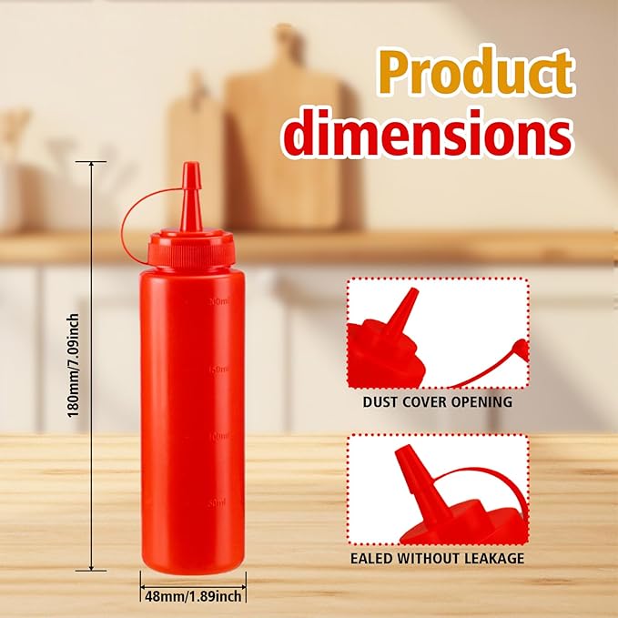 Squeeze Bottles for Sauces,Leak-Proof Condiment Dispenser, BPA-Free Kitchen Restaurant Squeeze Bottle Set with Wide Mouth for Ketchup, Mustard,Syrup,Dressings (Red, 2Pack-8oz(200ml))