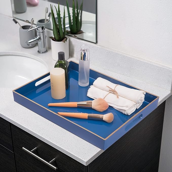 MAONAME Royal Blue Serving Tray with Handles, Rectangular Decorative Tray, Modern Coffee Table Trays, Plastic Ottoman Trays for Bathroom, Decor, 15.7” x 11.8” x 1.57"