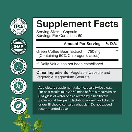 Green Coffee Bean Extract - Natural Appetite Suppressant for Women - Herbal Fat Burners for Women and Men for Improved Daily Energy and Immunity