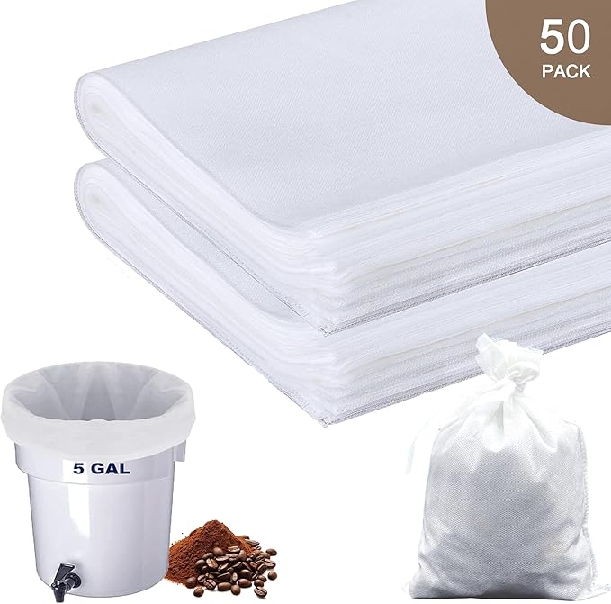 YURICK 50 Pack Commercial Cold Brew Coffee Filters for 5 Gallon Buckets, 20" X 20" Commercial Cold Brew Bags for Commercial Model Cold Brew Coffee Makers, Brew Up To 5 LBS Coffee