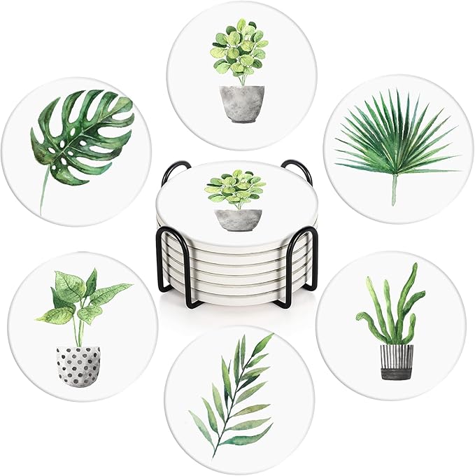 Britimes Set of 6 Coasters for Drinks Absorbent Green Leaves with Cork Base, Metal Holder, Round Stone Drink Mat for Coffee Wood Table, Gift for Birthday, Farmhouse Housewarming Room Bar Decor