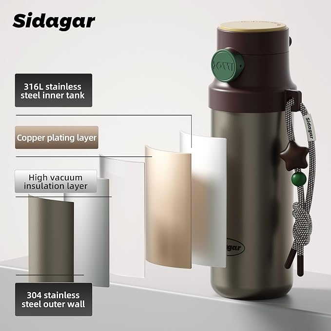 18 oz Insulated Water Bottle, Stainless Steel Travel Mug with Lid, Double Wall Vacuum Sports Water Bottle, BPA Free, Leak-Proof, Fits in Car Cup Holder, Great for Men Kid School, Brown