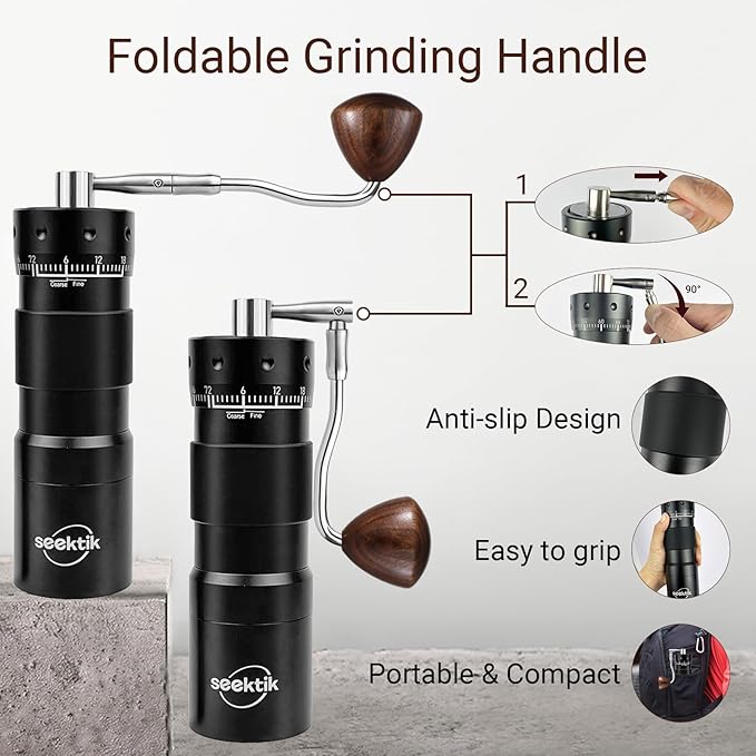 Manual Coffee Grinder with Numerical External Adjustable Setting Stainless Steel Conical Burr Hand Crank Coffee Mill for Cold Brew Espresso French Press Pour Over Drip with Foldable Handle- Black