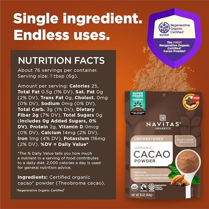 Navitas Organics Cacao Powder - Cocoa Powder Substitute 1:1, For Hot Chocolate, Baking & More - Regenerative Organic Certified, Non GMO, Fairtrade, Gluten Free, Non-alkalized (16oz. Bag, 76 Servings)