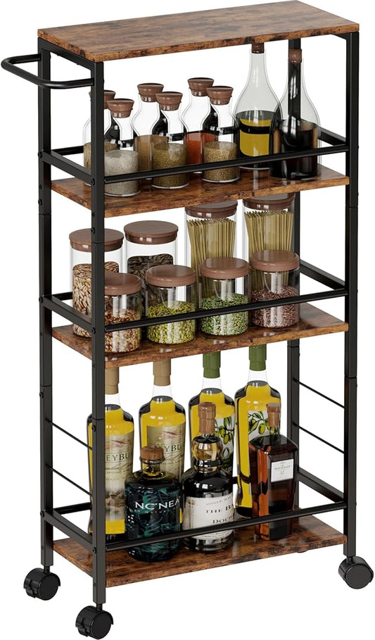 Narrow Storage Cart with Wheels, 4-Tier Narrow Kitchen Carts Slim Rolling Cart, Skinny Storage Cart, Snack Cart Slim Laundry Carts with Handle for Livingroom, Diningroom, Office（Rustic Brown, Black）