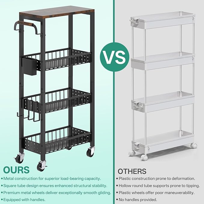 Slim Bathroom Storage Cart, 4 Tier Small Rolling Organizer Cabinet with Wood Top Handle, Mobile Shelving Unit Slide Out for Office, Kitchen, Laundry Room & Narrow Places (9.1" Overall Width)