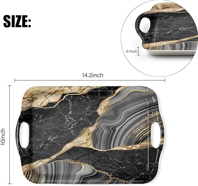 Serving Tray Decorative Tray with Handles Multi-Purpose Rectangular Serving Trays for Restaurant, Parties, Coffee Table, Kitchen - Black and Gold Marble Pattern