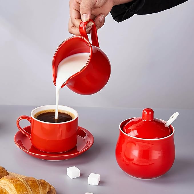 12 OZ Ceramic Sugar and Creamer Set, Coffee Serving Set, 3 Piece Cream Pitcher Sugar Bowl with Lid and Spoon (Red)