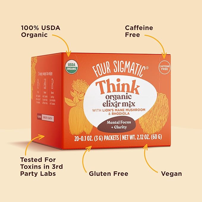 Four Sigmatic Lion's Mane Focus Elixir Mushroom Coffee Alternative | Organic Lion's Mane Mushroom Powder, Rhodiola & Rose Hips | Immune & Memory Support | Paleo | Pack of 20