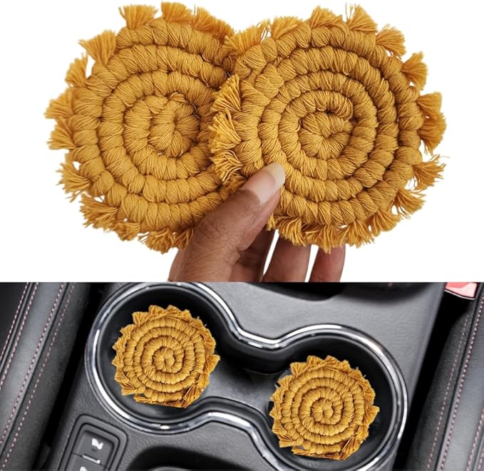 Cotton Car Coasters for Cup Holders, 2PC Car Cup Coasters, Drink Coaster Holder, Cute cupholder Coaster Accessories for Women, Macrame, Boho (Sunshine Yellow)