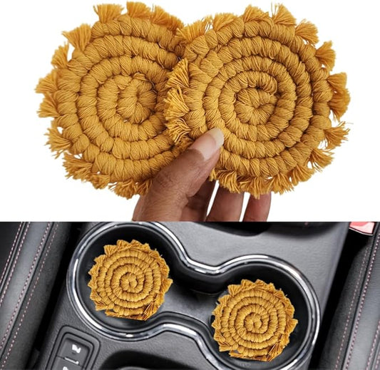 Cotton Car Coasters for Cup Holders, 2PC Car Cup Coasters, Drink Coaster Holder, Cute cupholder Coaster Accessories for Women, Macrame, Boho (Sunshine Yellow)