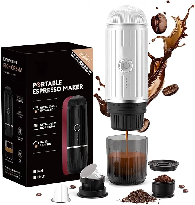 Portable Electric Espresso Machine Self-heating with USB-C, 12V 7500mAh Rechargeable Travel Coffee Maker for Camping Hiking Office Car 19 Bar Compatible with NS Capsules & Ground Coffee