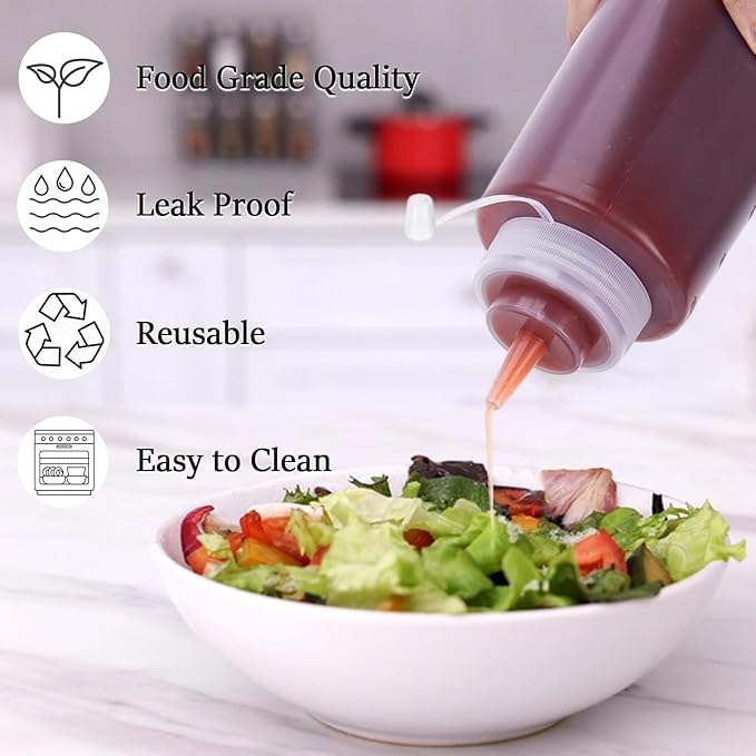 Katfort Condiment Squeeze Bottles Ketchup Dispenser, 4 Pack 32oz Squeeze Bottles for Liquids, Plastic Sauce Bottle with Cap Lid, Squirt Bottles for Sauces Liquids BBQ Dressing Pancake Art
