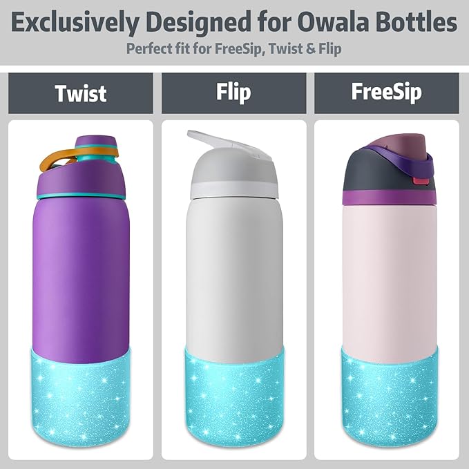 Silicone Boot for Owala 24oz Water Bottle – Anti-Slip Protective Cover, Bottle Boot, Base Cover Compatible with FreeSip, Sleeve for Stainless Steel Tumblers (Glitter Blue, 24OZ)