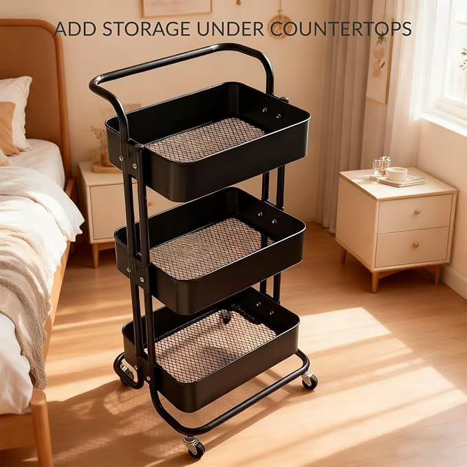 Mobile 3-Tier Mesh Utility Trolley with Handle and Lockable Wheels Rolling Metal Organiser Cart Multi-Purpose Storage Rack for Kitchen, Living Room or Office Black, Full Carbon Steel Construction