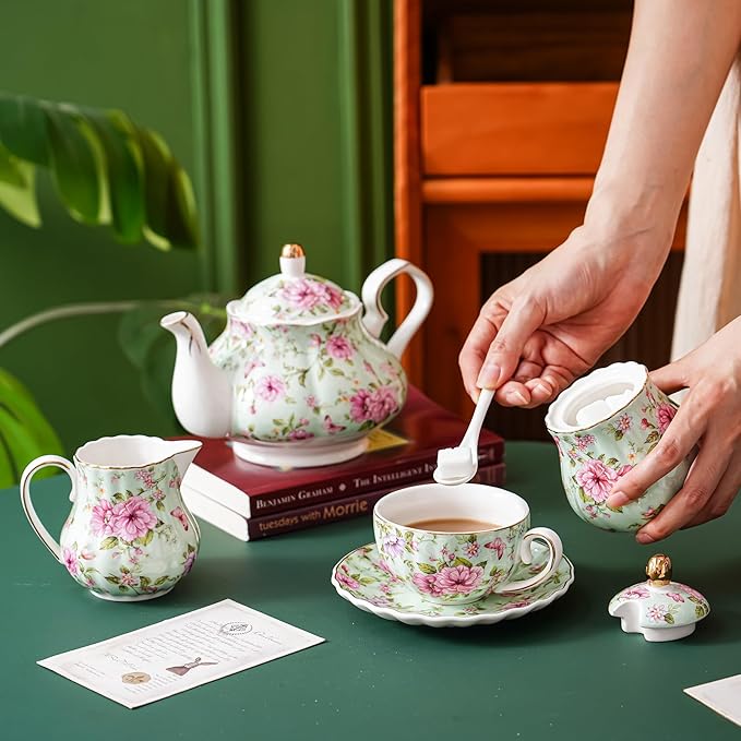 Ceramic Sugar and Creamer Set, 3 Piece Set with Cream Pitcher, Sugar Bowl, Sugar Set with Lid and Spoon (Green)
