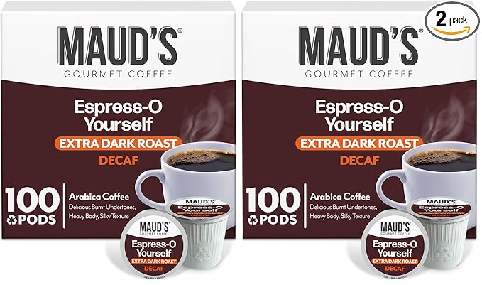 Maud's Decaf Espresso Roast Coffee Pods, 100 ct, Decaffeinated Dark Roast Coffee in Recyclable Single Serve Pods – 100% Arabica Coffee, Compatible with Keurig K Cups Maker (Pack of 2)